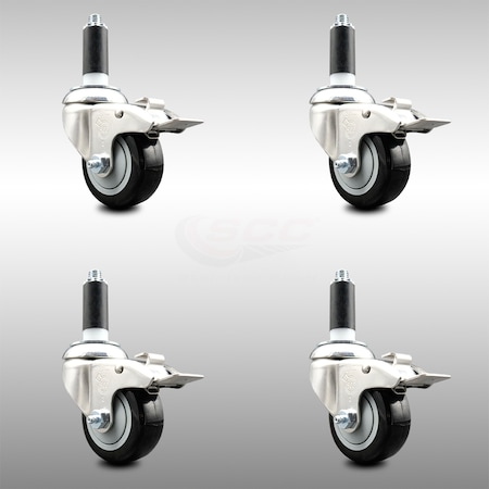 Service Caster 3.5 Inch 316SS Black Poly Swivel 1 Inch Expanding Stem Caster Set Lock Brake SCC-SS316TTLEX20S3514-PPUB-BLK-1-4